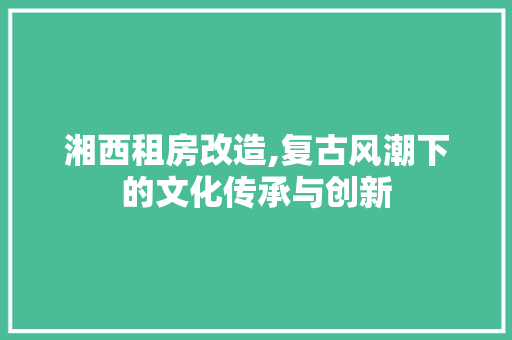 湘西租房改造,复古风潮下的文化传承与创新