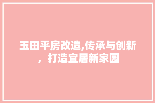 玉田平房改造,传承与创新，打造宜居新家园
