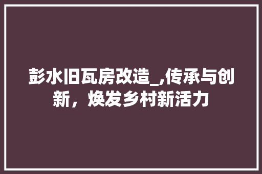 彭水旧瓦房改造_,传承与创新，焕发乡村新活力