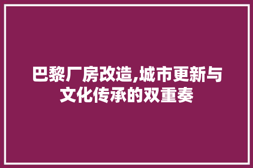 巴黎厂房改造,城市更新与文化传承的双重奏